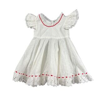 Vintage Handmade Eyelet Dress Red Rickrack Trim Toddler 2T 3T Cottagecore
